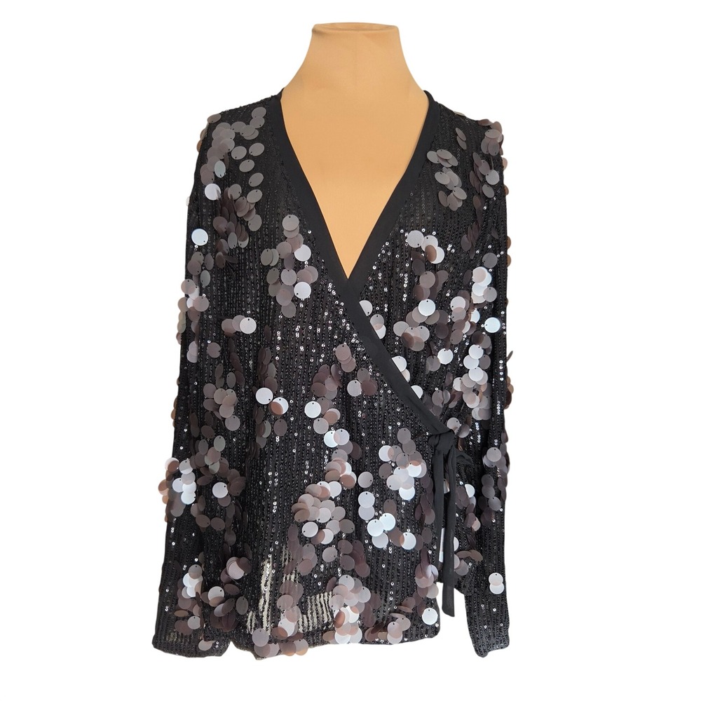 SHEIN Women Large Black Silver Sequin Wrap Top V-Neck Long Sleeve Party Blouse
